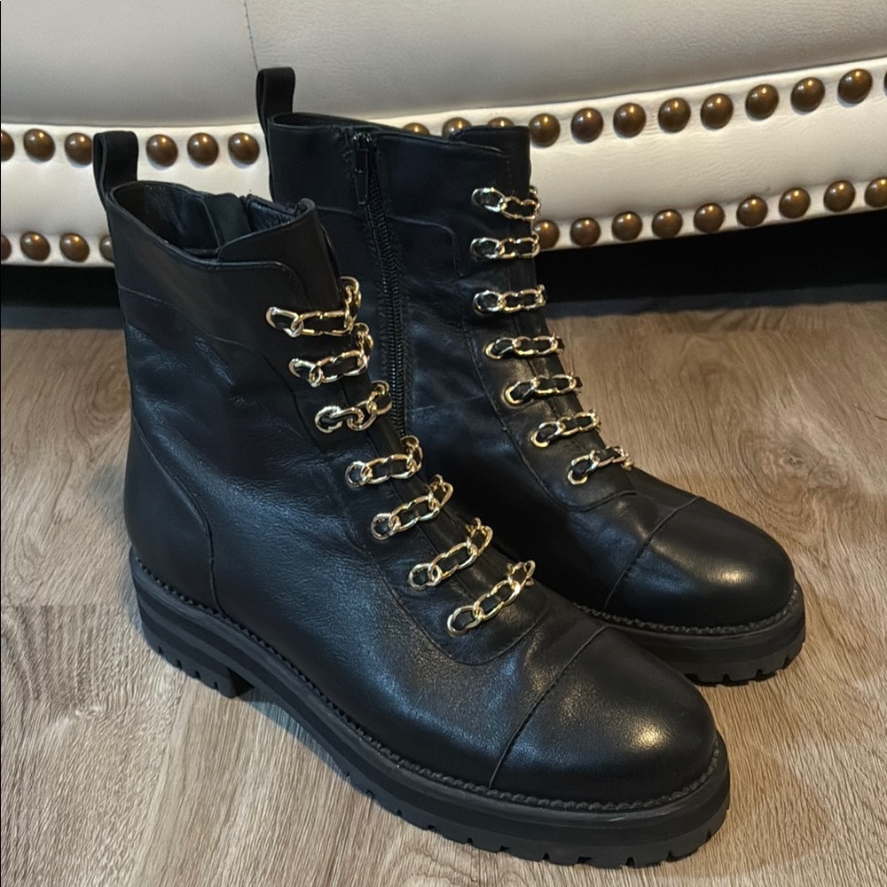 CECELIA NEW YORK Black and Gold Combat Boots with Rugged Design